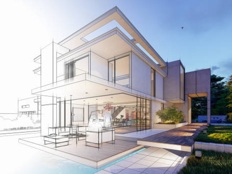 Architectural line drawing resolving into a finished modern house
