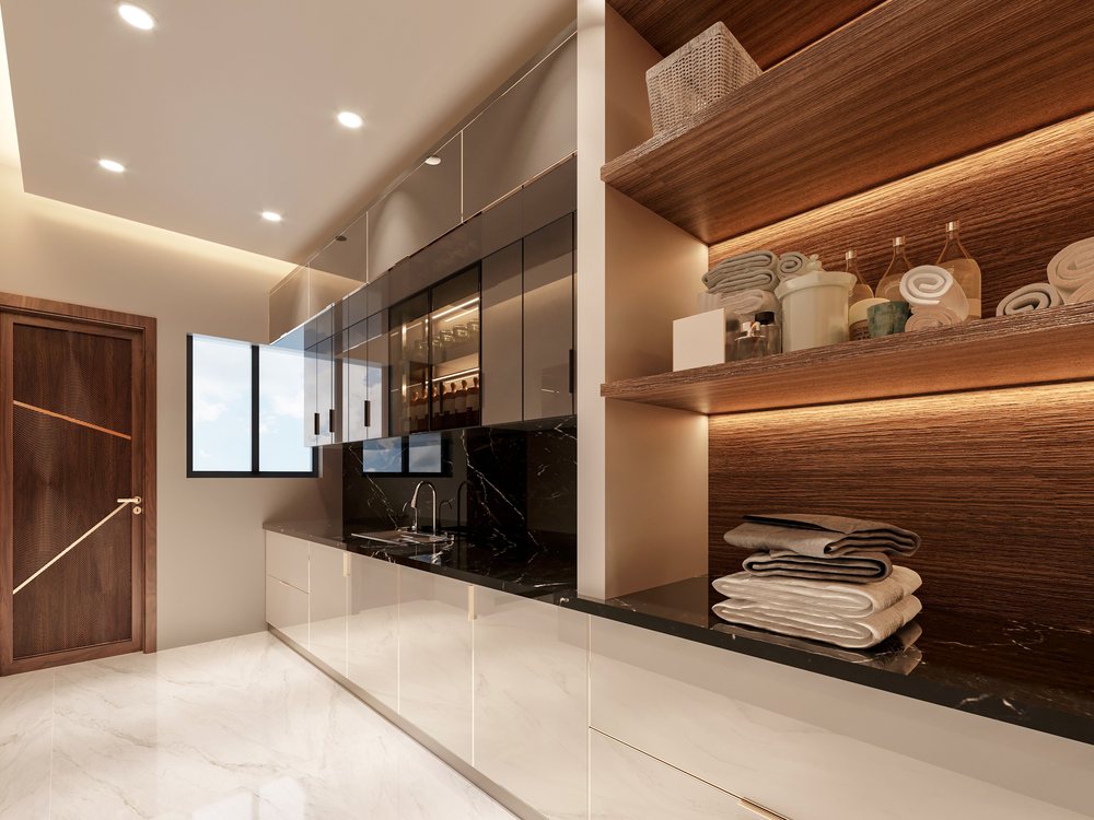Finished interior with fitted joinery, stone counter and recessed lighting